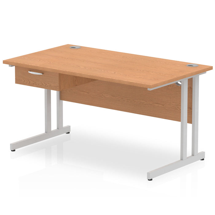 Impulse Cantilever Straight Desk Silver Frame With Single One Drawer Fixed Pedestal