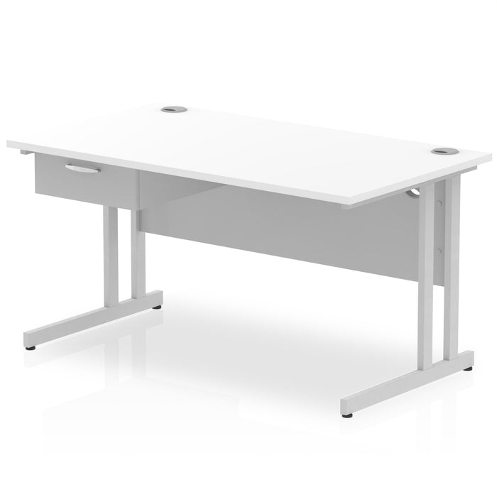 Impulse Cantilever Straight Desk Silver Frame With Single One Drawer Fixed Pedestal