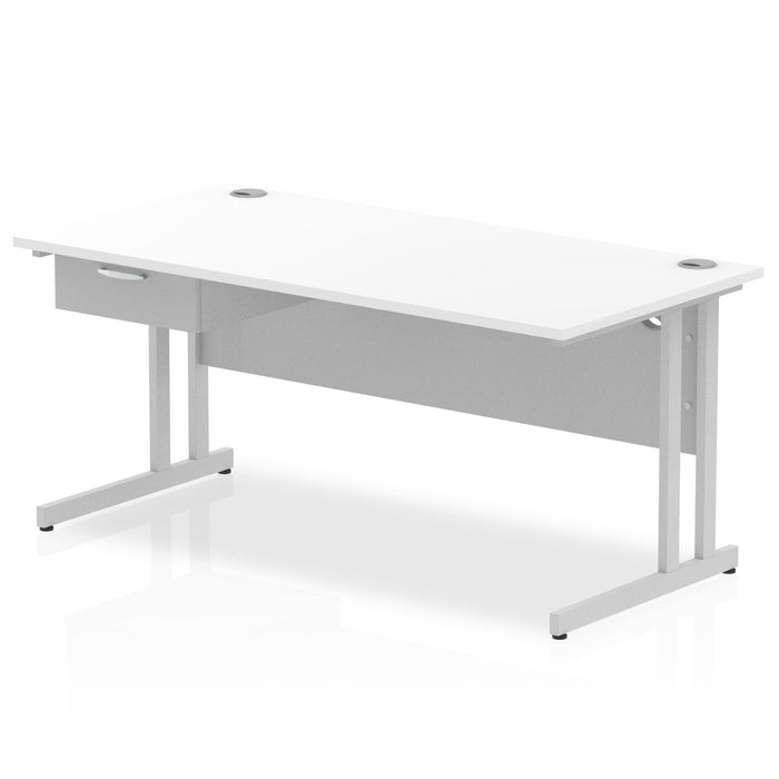 Impulse Cantilever Straight Desk Silver Frame With Single One Drawer Fixed Pedestal