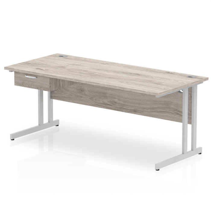 Impulse Cantilever Straight Desk Silver Frame With Single One Drawer Fixed Pedestal