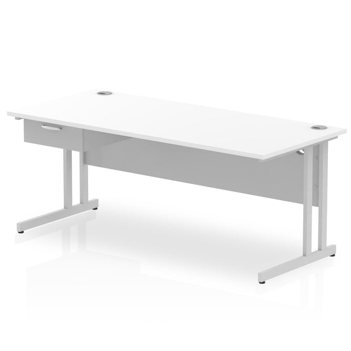 Impulse Cantilever Straight Desk Silver Frame With Single One Drawer Fixed Pedestal