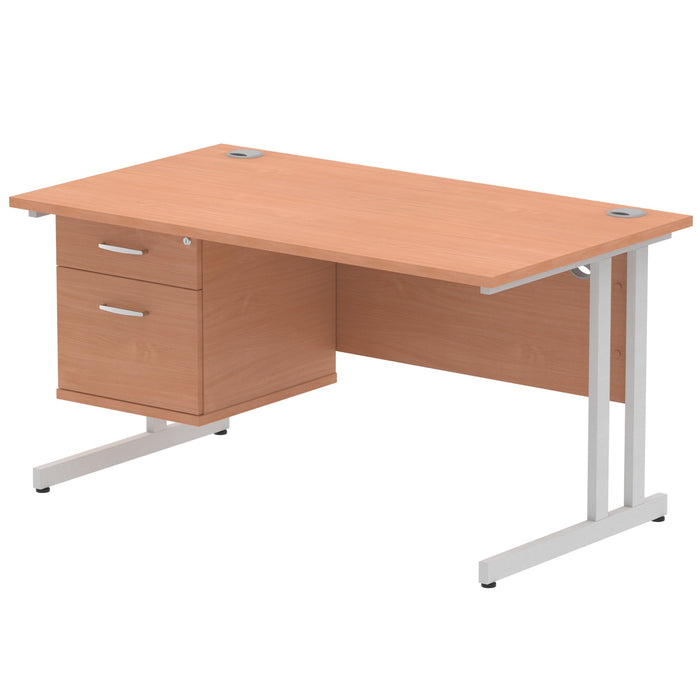 Impulse Cantilever Straight Desk Silver Frame With Fixed Pedestal