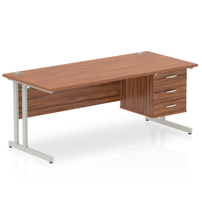 Impulse Cantilever Straight Desk Silver Frame With Fixed Pedestal