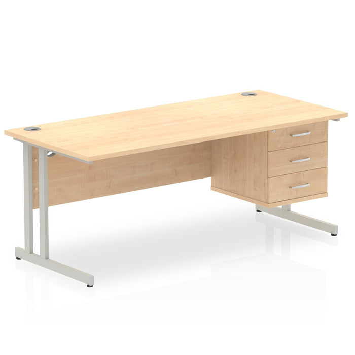 Impulse Cantilever Straight Desk Silver Frame With Fixed Pedestal