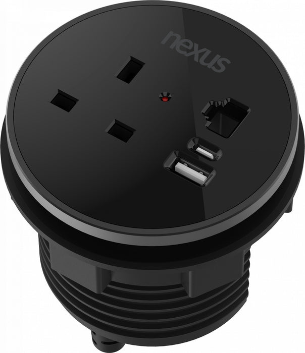 Circular In-Desk Power Module: 1 Outlet: 30W USB-C, 27W USB-A, RJ45 Blank | Black Housing/Black Bezel/Black Veneer