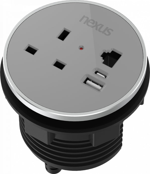 Circular In-Desk Power Module: 1 Outlet: 30W USB-C, 27W USB-A, RJ45 Blank | Black Housing/Silver Bezel/Grey Veneer