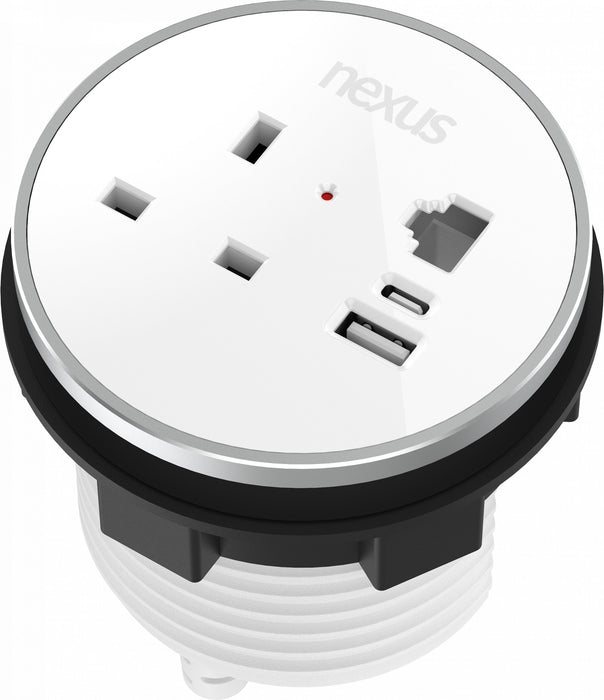 Circular In-Desk Power Module: 1 Outlet: 30W USB-C, 27W USB-A, RJ45 Bl ...