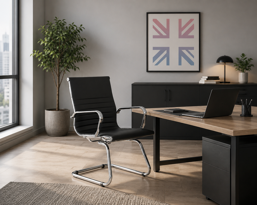 OE - Nola Black Leather Cantilever Visitor Chair with Arms