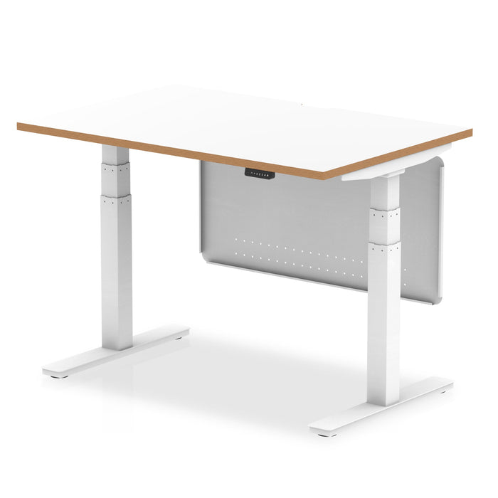 Oslo Height Adjustable Desk White Top Natural Wood Edge White Frame with White Steel Modesty Panel