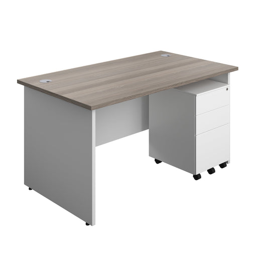 Panel Plus Rectangular Desk + 3 Drawer Steel Pedestal Bundle (FSC) | 1400X800 | Grey Oak/White