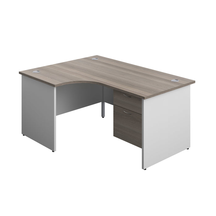 Panel Plus Left Radial Desk + 2 Drawer Fixed Pedestal Bundle (FSC) | 1600X1200 | Grey Oak/White