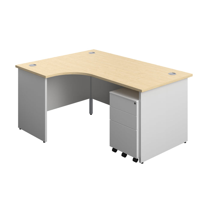 Panel Plus Left Radial Desk + 3 Drawer Steel Mobile Pedestal Bundle (FSC) | 1600X1200 | Maple/White