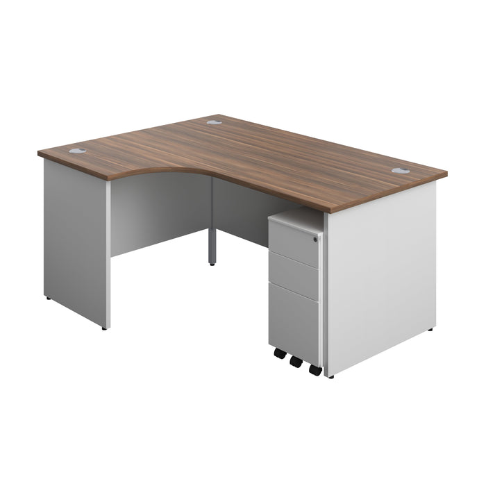 Panel Plus Left Radial Desk + 3 Drawer White Slimline Steel Mobile Pedestal Bundle (FSC) | 1600X1200 | Dark Walnut/White