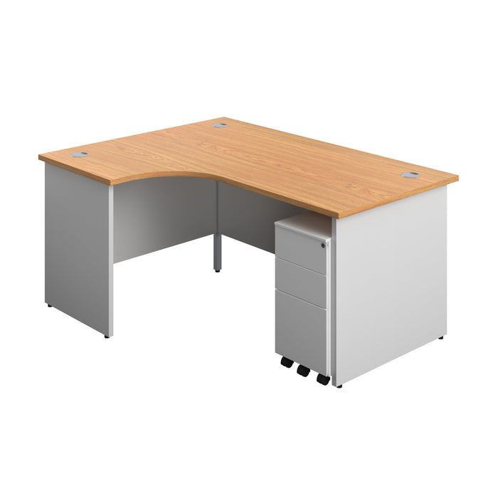 Panel Plus Left Radial Desk + 3 Drawer White Slimline Steel Mobile Pedestal Bundle (FSC) | 1600X1200 | Nova Oak/White