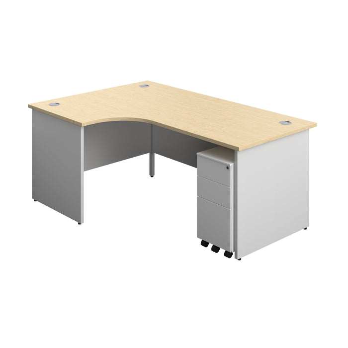 Panel Plus Left Radial Desk + 3 Drawer White Slimline Steel Mobile Pedestal Bundle (FSC) | 1800X1200 | Maple/White