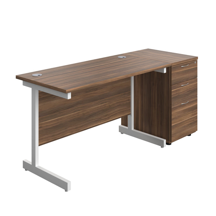 Single Upright Rectangular Desk + Desk High 3 Drawer Pedestal (FSC) | 1200 X 600 | Dark Walnut/White