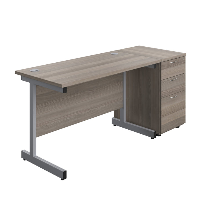 Single Upright Rectangular Desk + Desk High 3 Drawer Pedestal (FSC) | 1200 X 600 | Grey Oak/Silver