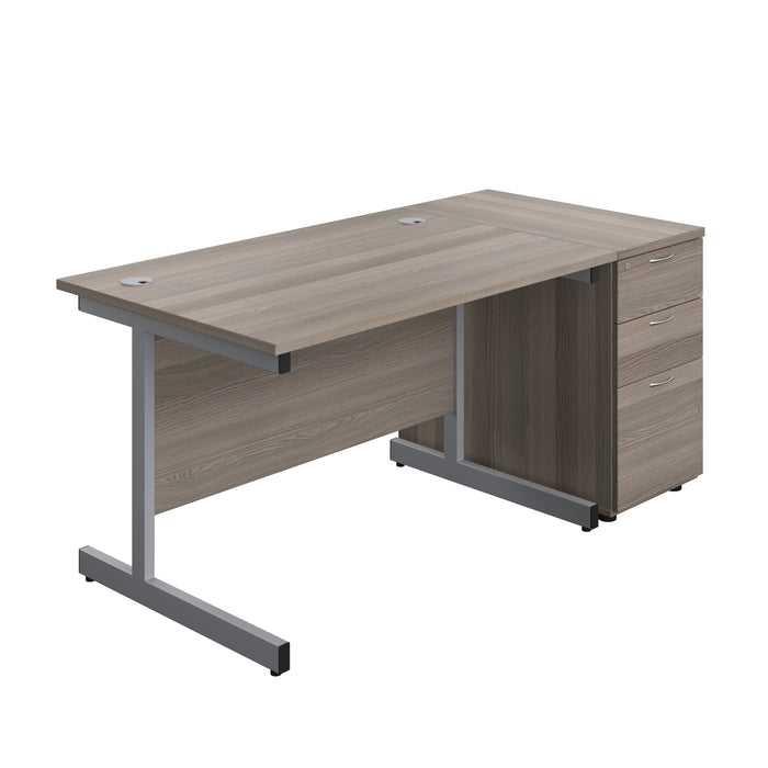 Single Upright Rectangular Desk + Desk High 3 Drawer Pedestal (FSC) | 1200 X 800 | Grey Oak/Silver