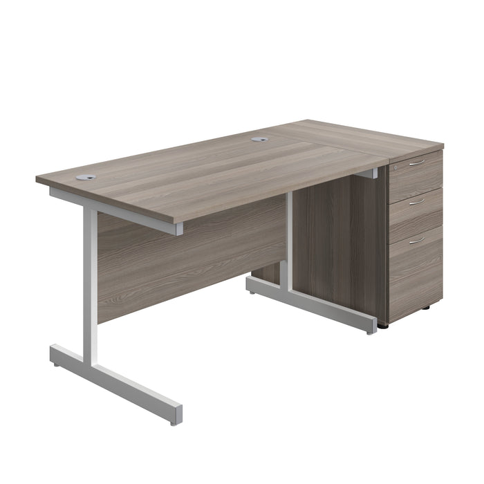 Single Upright Rectangular Desk + Desk High 3 Drawer Pedestal (FSC) | 1200 X 800 | Grey Oak/White