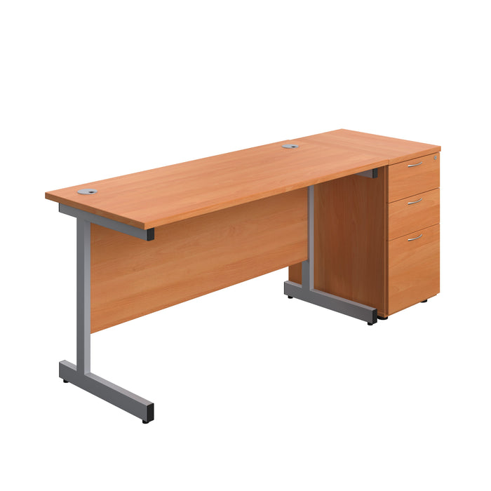 Single Upright Rectangular Desk + Desk High 3 Drawer Pedestal (FSC) | 1400 X 600 | Beech/Silver