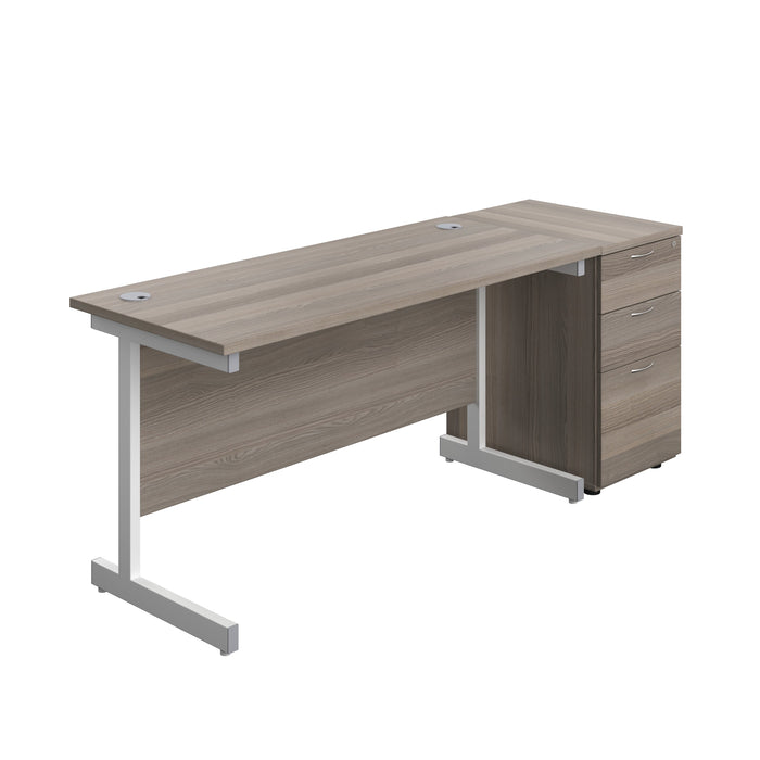 Single Upright Rectangular Desk + Desk High 3 Drawer Pedestal (FSC) | 1400 X 600 | Grey Oak/White