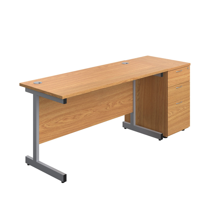 Single Upright Rectangular Desk + Desk High 3 Drawer Pedestal (FSC) | 1400 X 600 | Nova Oak/Silver