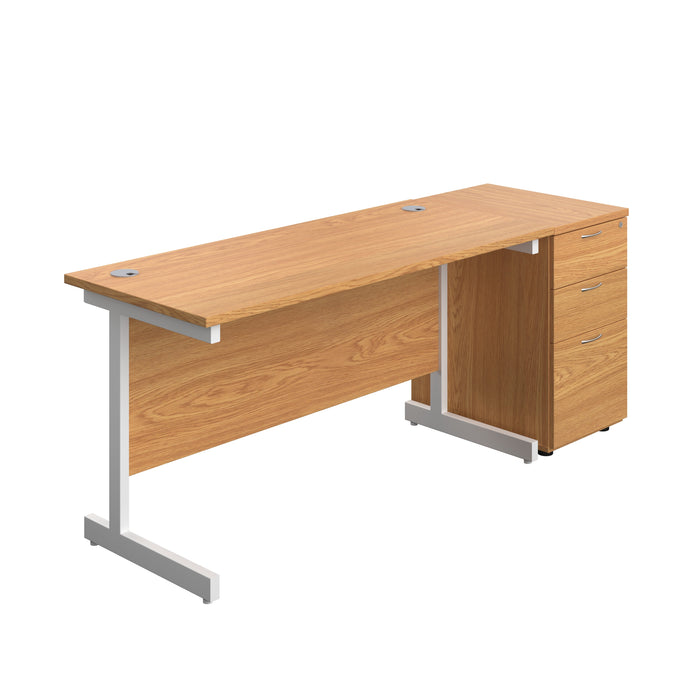 Single Upright Rectangular Desk + Desk High 3 Drawer Pedestal (FSC) | 1400 X 600 | Nova Oak/White