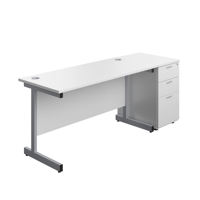 Single Upright Rectangular Desk + Desk High 3 Drawer Pedestal (FSC) | 1400 X 600 | White/Silver