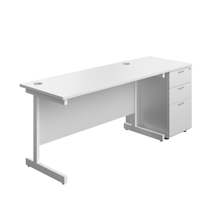 Single Upright Rectangular Desk + Desk High 3 Drawer Pedestal (FSC) | 1400 X 600 | White/White