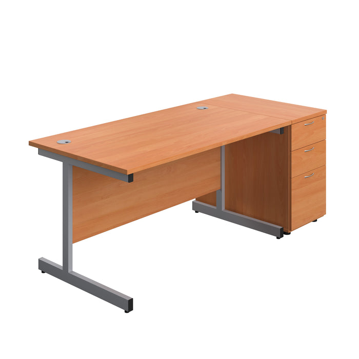 Single Upright Rectangular Desk + Desk High 3 Drawer Pedestal (FSC) | 1400 X 800 | Beech/Silver