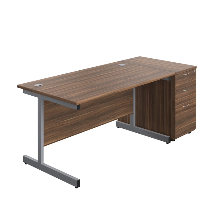 Single Upright Rectangular Desk + Desk High 3 Drawer Pedestal (FSC) | 1400 X 800 | Dark Walnut/Silver