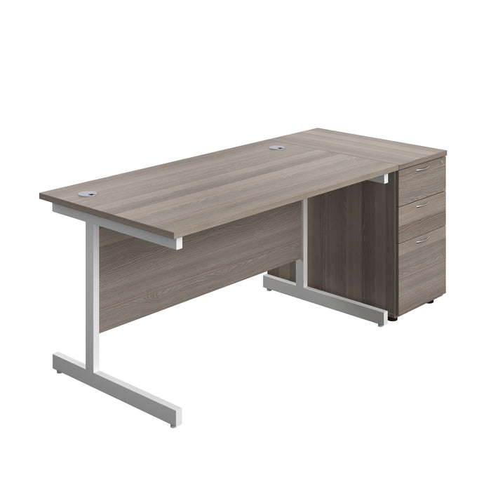 Single Upright Rectangular Desk + Desk High 3 Drawer Pedestal (FSC) | 1400 X 800 | Grey Oak/White