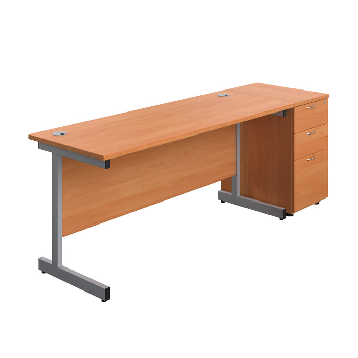 Single Upright Rectangular Desk + Desk High 3 Drawer Pedestal (FSC) | 1600 X 600 | Beech/Silver