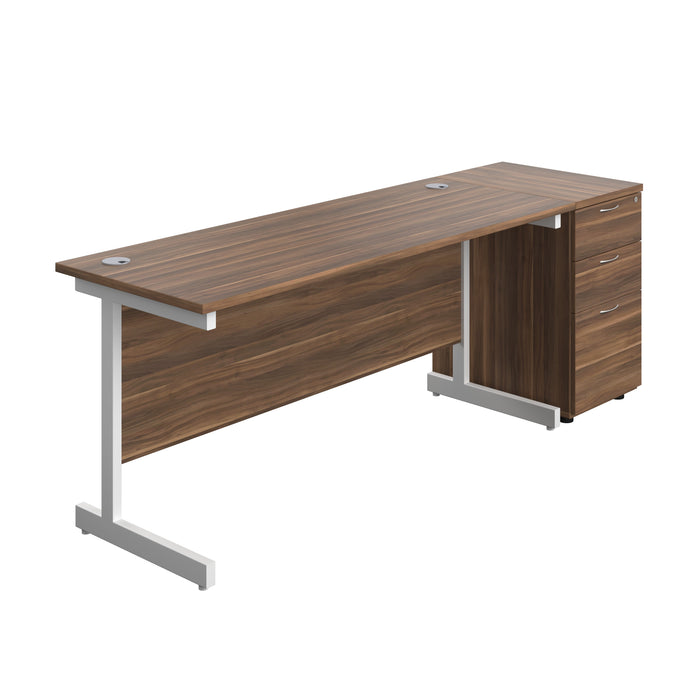 Single Upright Rectangular Desk + Desk High 3 Drawer Pedestal (FSC) | 1600 X 600 | Dark Walnut/White