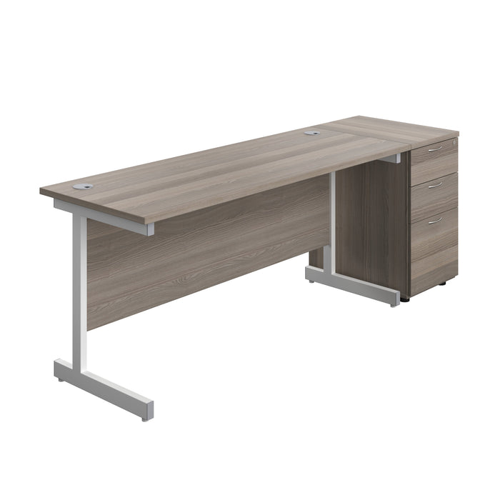 Single Upright Rectangular Desk + Desk High 3 Drawer Pedestal (FSC) | 1600 X 600 | Grey Oak/White