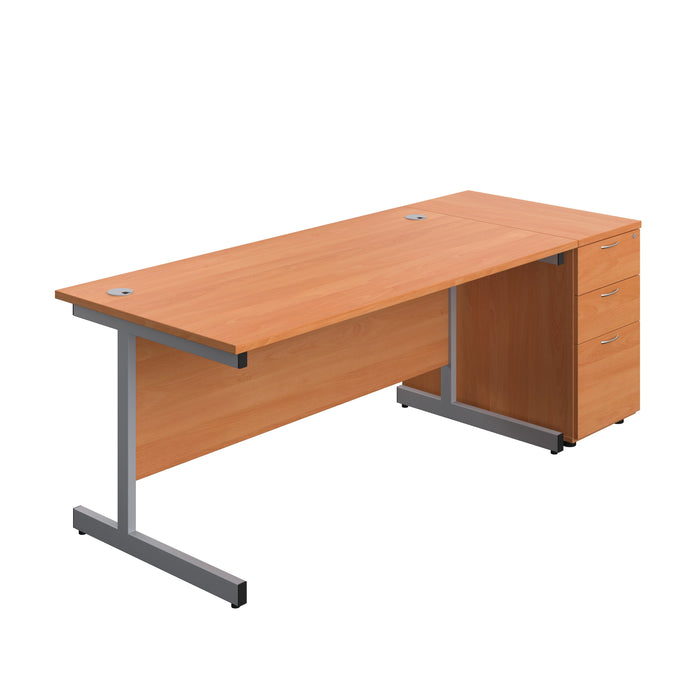 Single Upright Rectangular Desk + Desk High 3 Drawer Pedestal (FSC) | 1600 X 800 | Beech/Silver