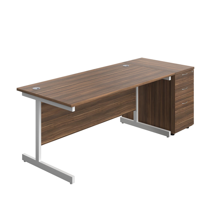 Single Upright Rectangular Desk + Desk High 3 Drawer Pedestal (FSC) | 1600 X 800 | Dark Walnut/White