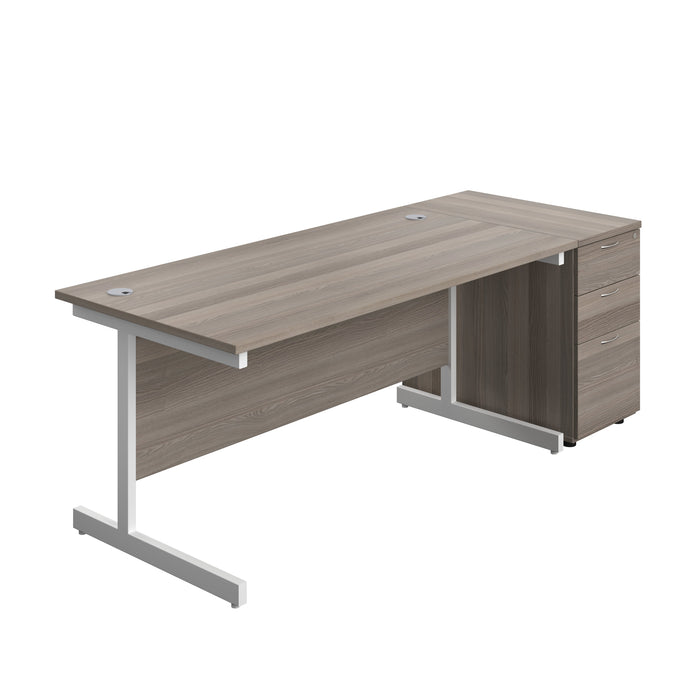 Single Upright Rectangular Desk + Desk High 3 Drawer Pedestal (FSC) | 1600 X 800 | Grey Oak/White