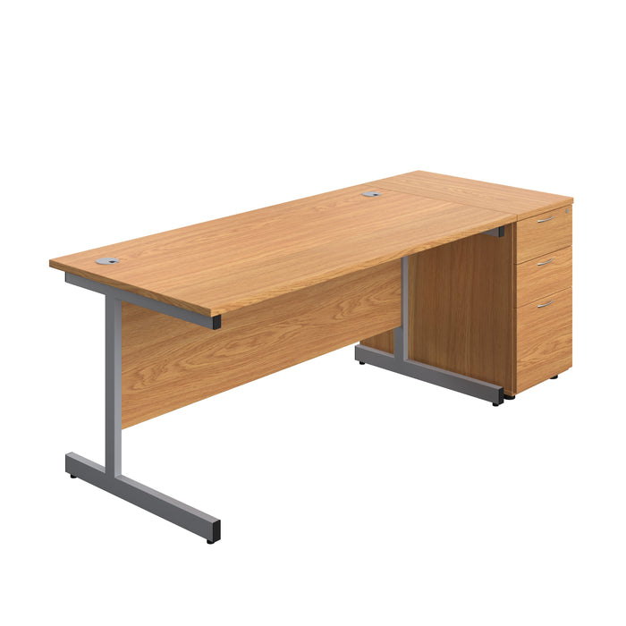 Single Upright Rectangular Desk + Desk High 3 Drawer Pedestal (FSC) | 1600 X 800 | Nova Oak/Silver