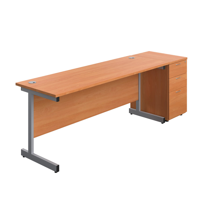 Single Upright Rectangular Desk + Desk High 3 Drawer Pedestal (FSC) | 1800 X 600 | Beech/Silver