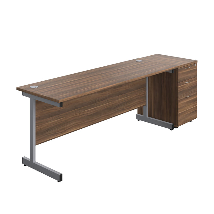 Single Upright Rectangular Desk + Desk High 3 Drawer Pedestal (FSC) | 1800 X 600 | Dark Walnut/Silver