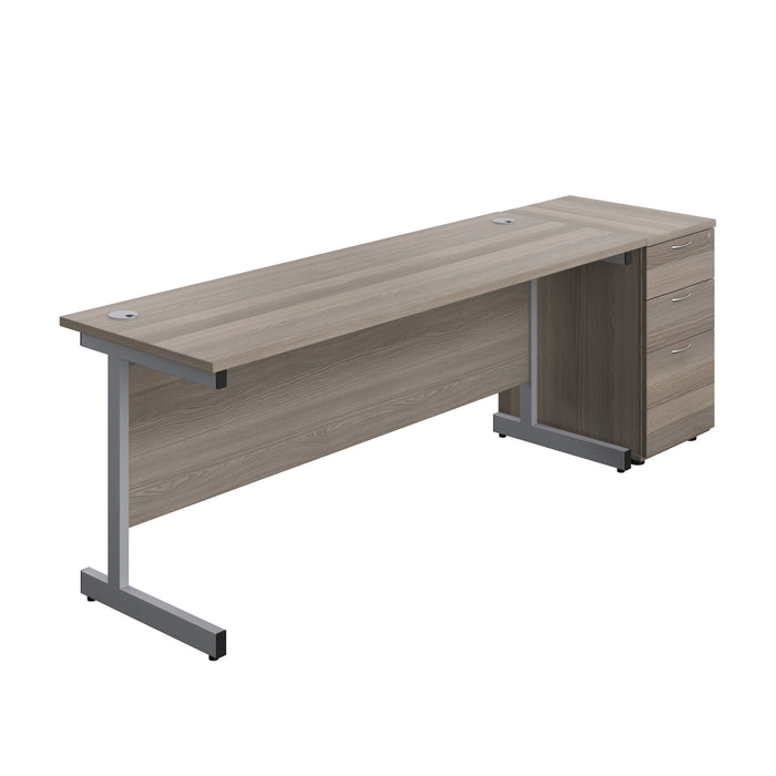 Single Upright Rectangular Desk + Desk High 3 Drawer Pedestal (FSC) | 1800 X 600 | Grey Oak/Silver