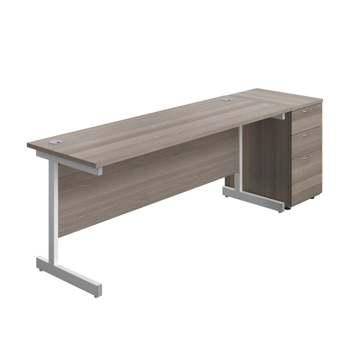 Single Upright Rectangular Desk + Desk High 3 Drawer Pedestal (FSC) | 1800 X 600 | Grey Oak/White