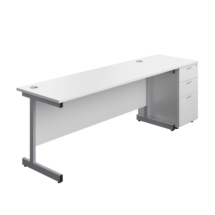 Single Upright Rectangular Desk + Desk High 3 Drawer Pedestal (FSC) | 1800 X 600 | White/Silver