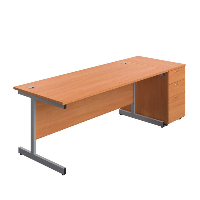 Single Upright Rectangular Desk + Desk High 3 Drawer Pedestal (FSC) | 1800 X 800 | Beech/Silver