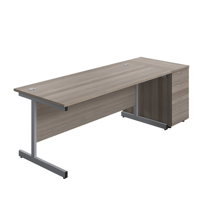 Single Upright Rectangular Desk + Desk High 3 Drawer Pedestal (FSC) | 1800 X 800 | Grey Oak/Silver