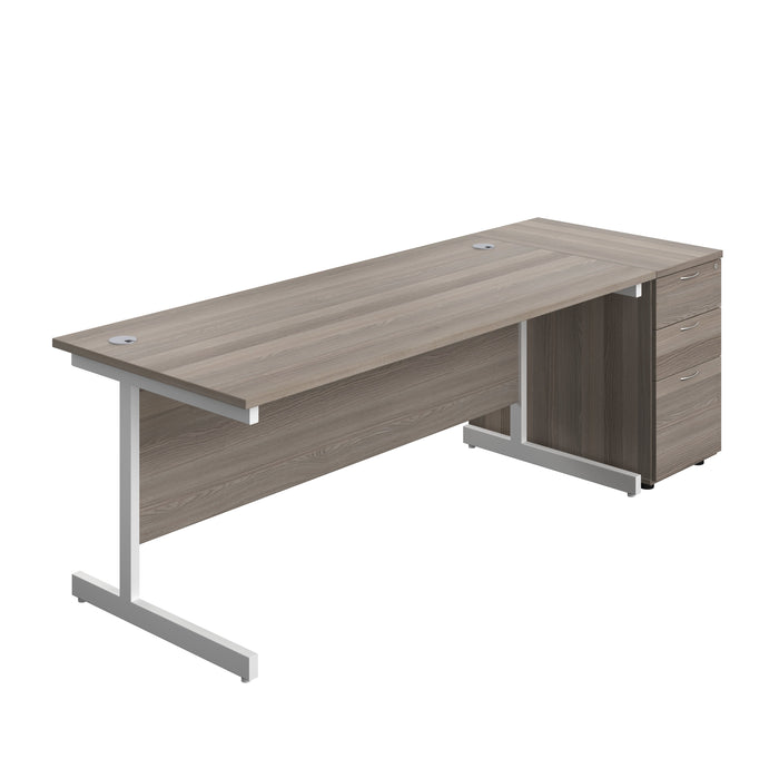 Single Upright Rectangular Desk + Desk High 3 Drawer Pedestal (FSC) | 1800 X 800 | Grey Oak/White