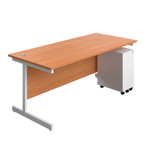 Single Upright Rectangular Desk + Slimline Steel Pedestal 3 Drawers (FSC) | 1800 X 800 | Beech/White