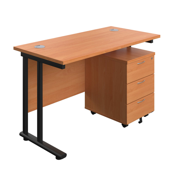 Twin Upright Rectangular Desk + Mobile 3 Drawer Pedestal (FSC) | 1200X600 | Beech/Black