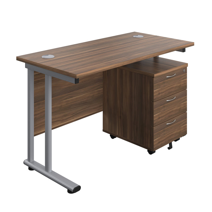 Twin Upright Rectangular Desk + Mobile 3 Drawer Pedestal (FSC) | 1200X600 | Dark Walnut/Silver